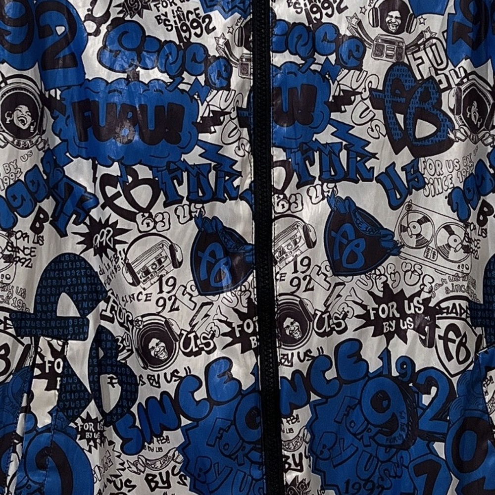 FUBU the Collection blue and white full zip Windbreaker Printed Hoodie Jacket - Picture 2 of 10